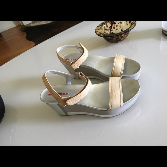 Prada Tan and Silver Wedge Sandals - Picture 6 of 8